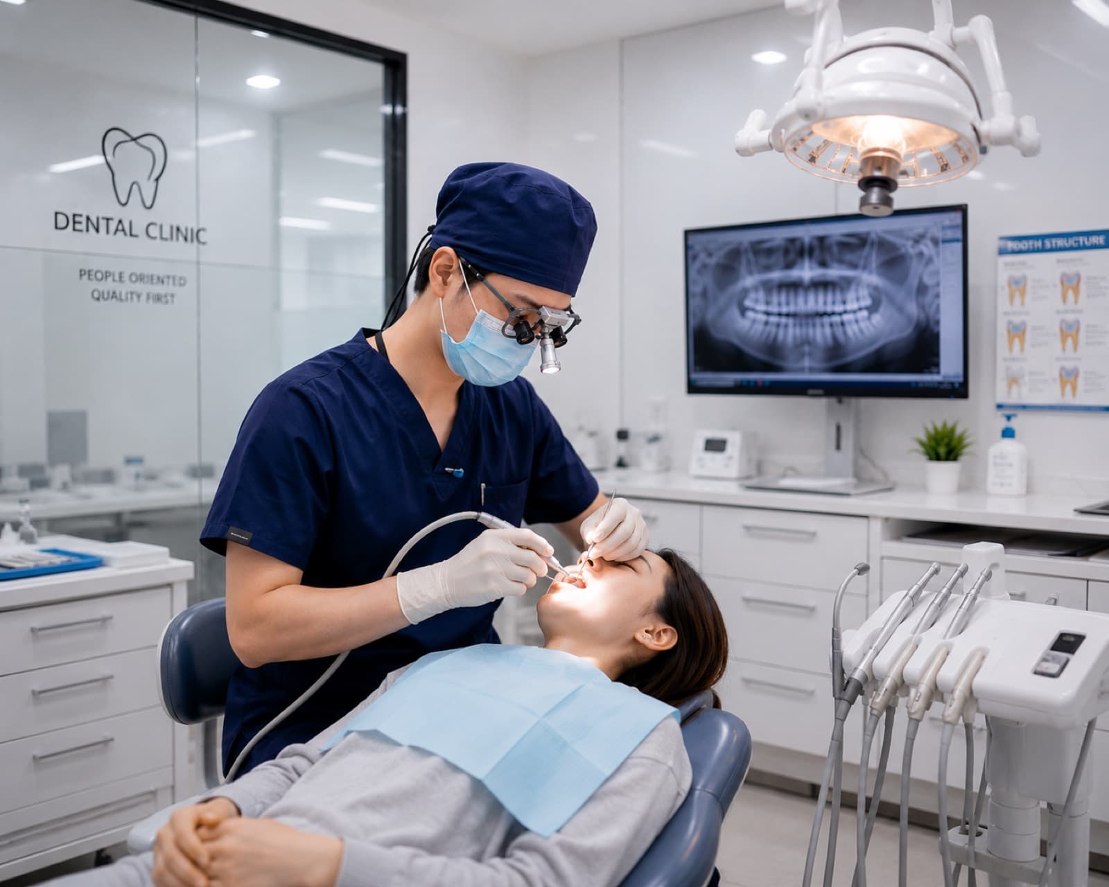 牙科医生佩戴头灯进行临床操作，同轴光束照亮口腔术区